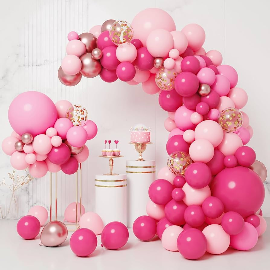 RUBFAC Pink Balloons Arch Garland Kit, 5/10/12/18 Inch Hot Pink Rose Gold Chrome Balloons for Bir... | Amazon (US)