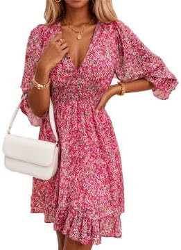Women's Deep V Neck Flowy Ruffle Mini Ditsy Floral Dress, Swing A-line Smocked Lantern 3/4 Sleeve... | Amazon (US)