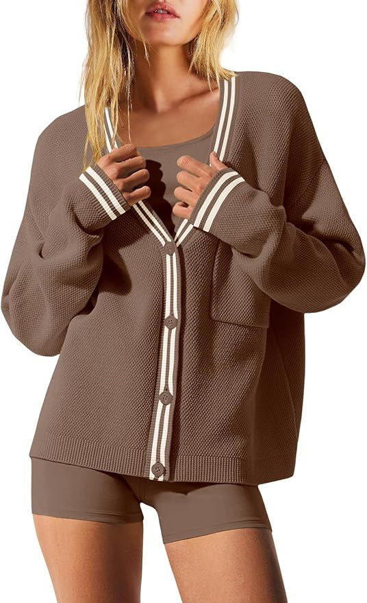 Nirovien Womens Oversized Cardigan Sweaters Button Down Knit Fall Sweater Long Sleeve Striped Coa... | Amazon (US)