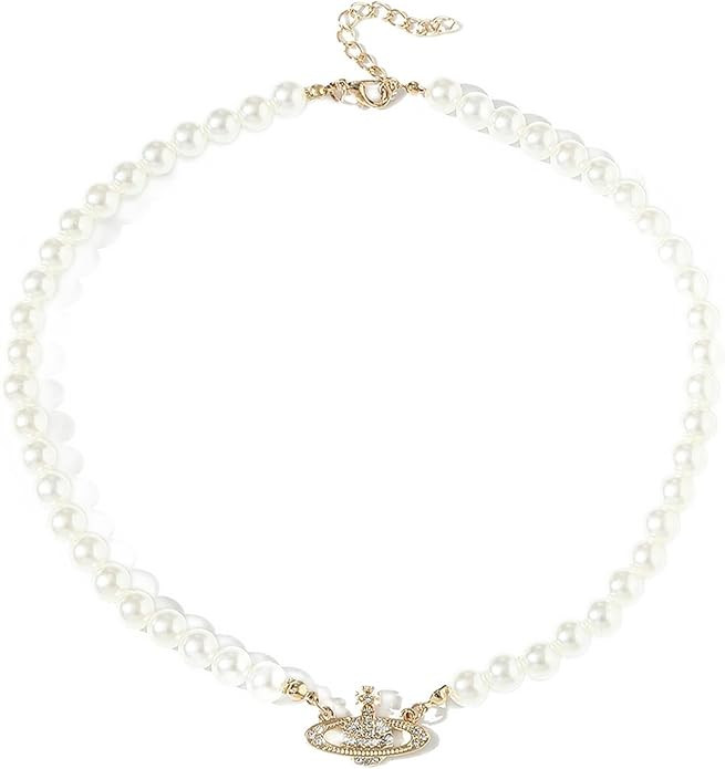 Pearl Saturn Necklace for Women Rhinestone Pendant Planet Choker Retro Necklace Artificial Pearl ... | Amazon (US)