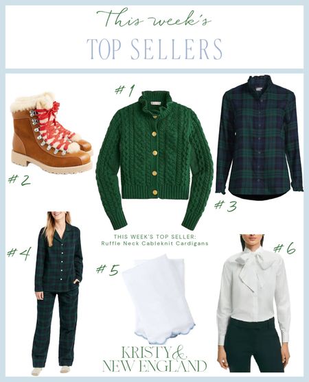 Best Sellers of the Week: #1 ruffle neck cableknit cardigan (more colors), Sherpa lined leather winter boots, Blackwatch flannel shirt, Blackwatch flannel pajama set (reg & tall), scalloped embroidered edge supima cotton sateen sheets, crisp white bow blouse shirt ( bow removable)

#LTKHoliday #LTKGiftGuide #LTKover40