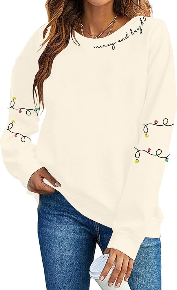 Christmas Sweatshirt Women Christmas Light Sweatshirts Merry And Bright Xmas Long Sleeve Shirts C... | Amazon (US)