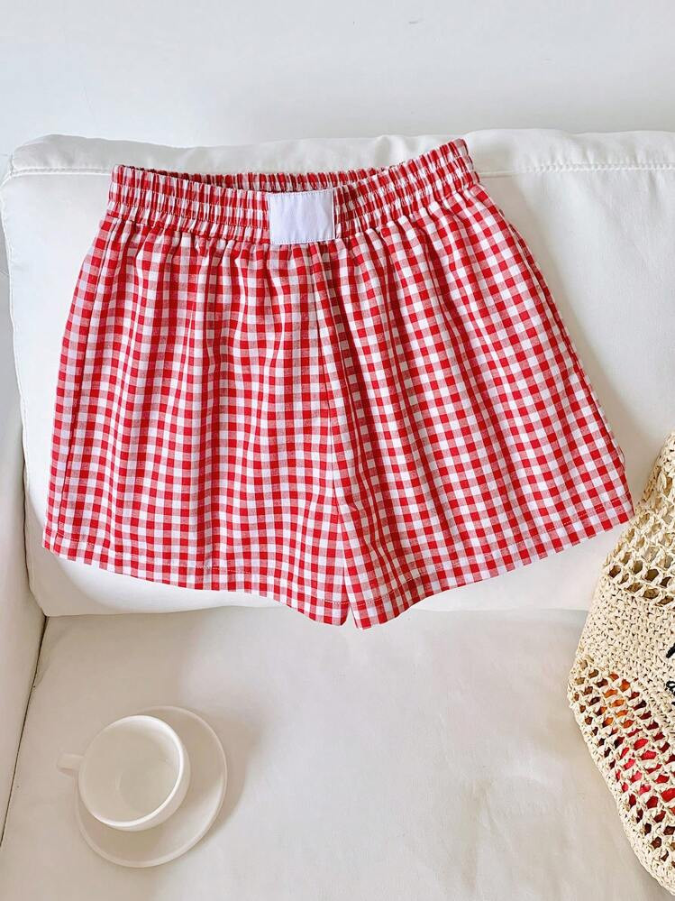 Comfortcana Women's Fashion Red Woven Plaid Shorts For Summer Valentine's Day | SHEIN