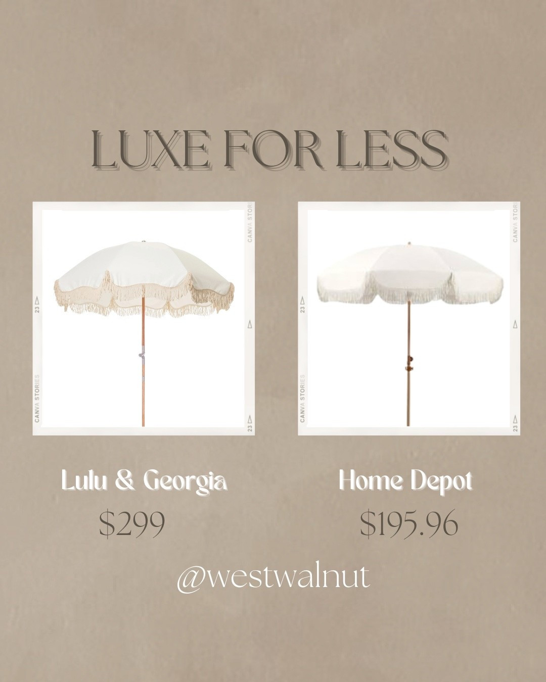 Ivory Fringe Umbrella Luxe For Less

The umbrella on the left from Lulu & Georgia is made from 40% cotton, 30% polyester, and wood.
Dimensions: 72"Dia x 84"H

The umbrella on the right from Home Depot has an aluminum pole with a wood-grain spray finish and 100% polyester fabric.
Dimensions: 6.5’Dia x 96.4"H

#patioumbrella #patiodecor #modernpatio

#LTKHome