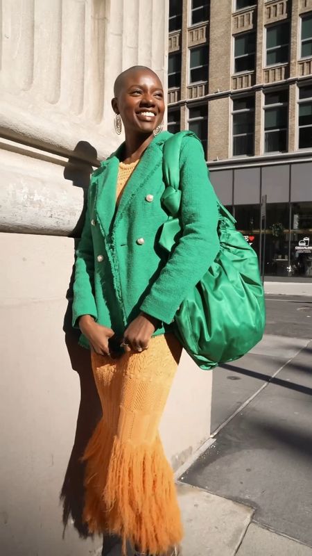 Spring outfit! Orange feather midi dress, green blazer, green oversized Ganni bag and gold platform heels. 

#LTKVideo #LTKSeasonal #LTKfindsunder100