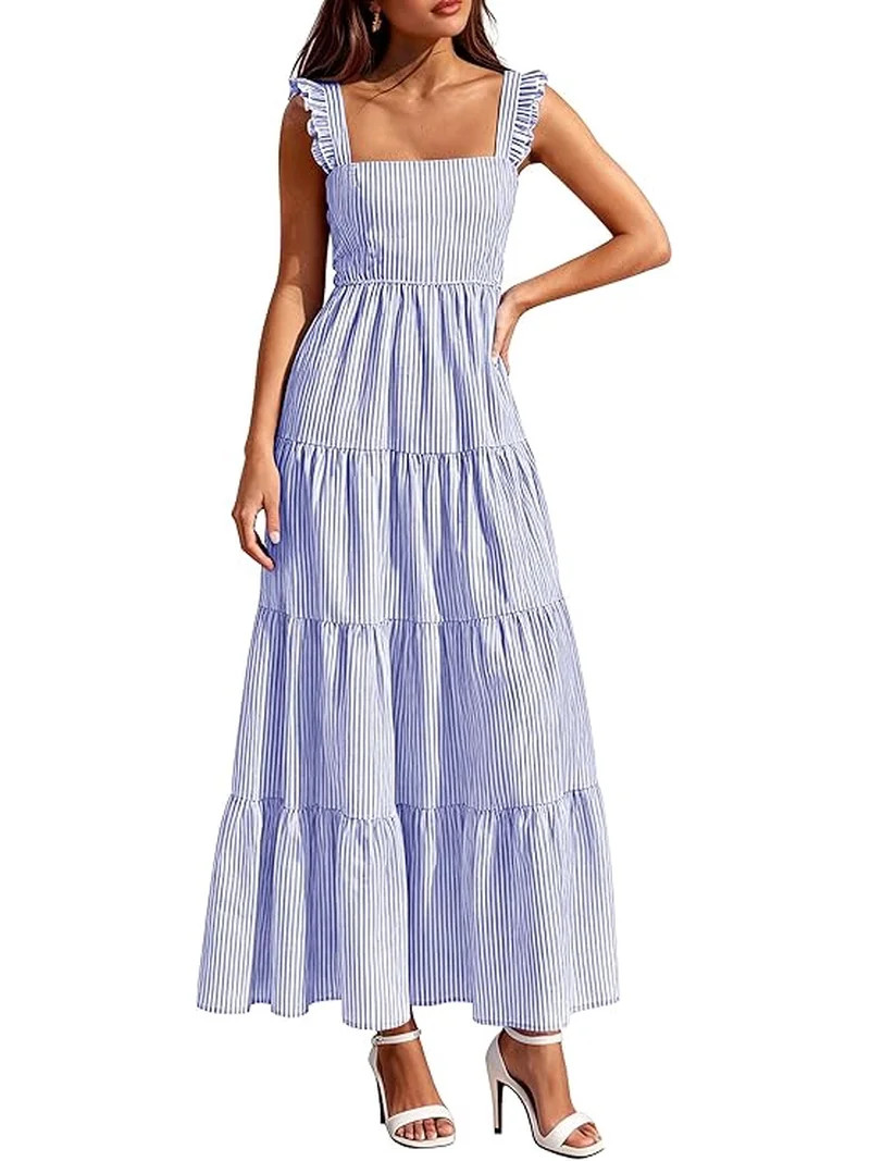PRETTYGARDEN Womens Summer Casual Maxi Dresses Striped Square Neck Sleeveless Boho Flowy Sundress... | Walmart (US)