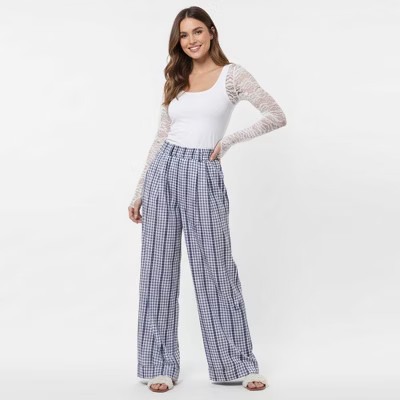 Cherie Code Women’s Wide Leg Checkered Pants - Casual Cotton Blend Trousers with Elastic Waist and Pockets Navy blue L | Target