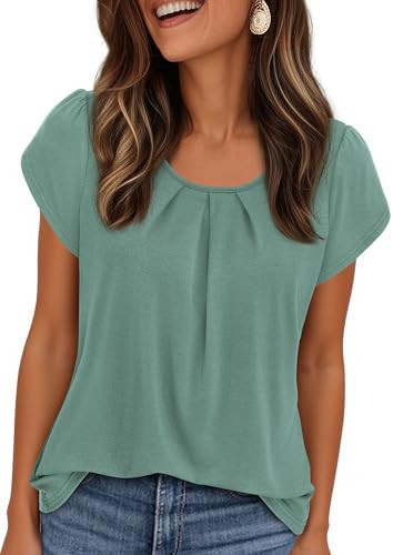 PRETTYGARDEN Womens Tops Dressy Casual Summer 2026 Short Sleeve Blouses Crew Neck Pleated Basic T... | Amazon (US)