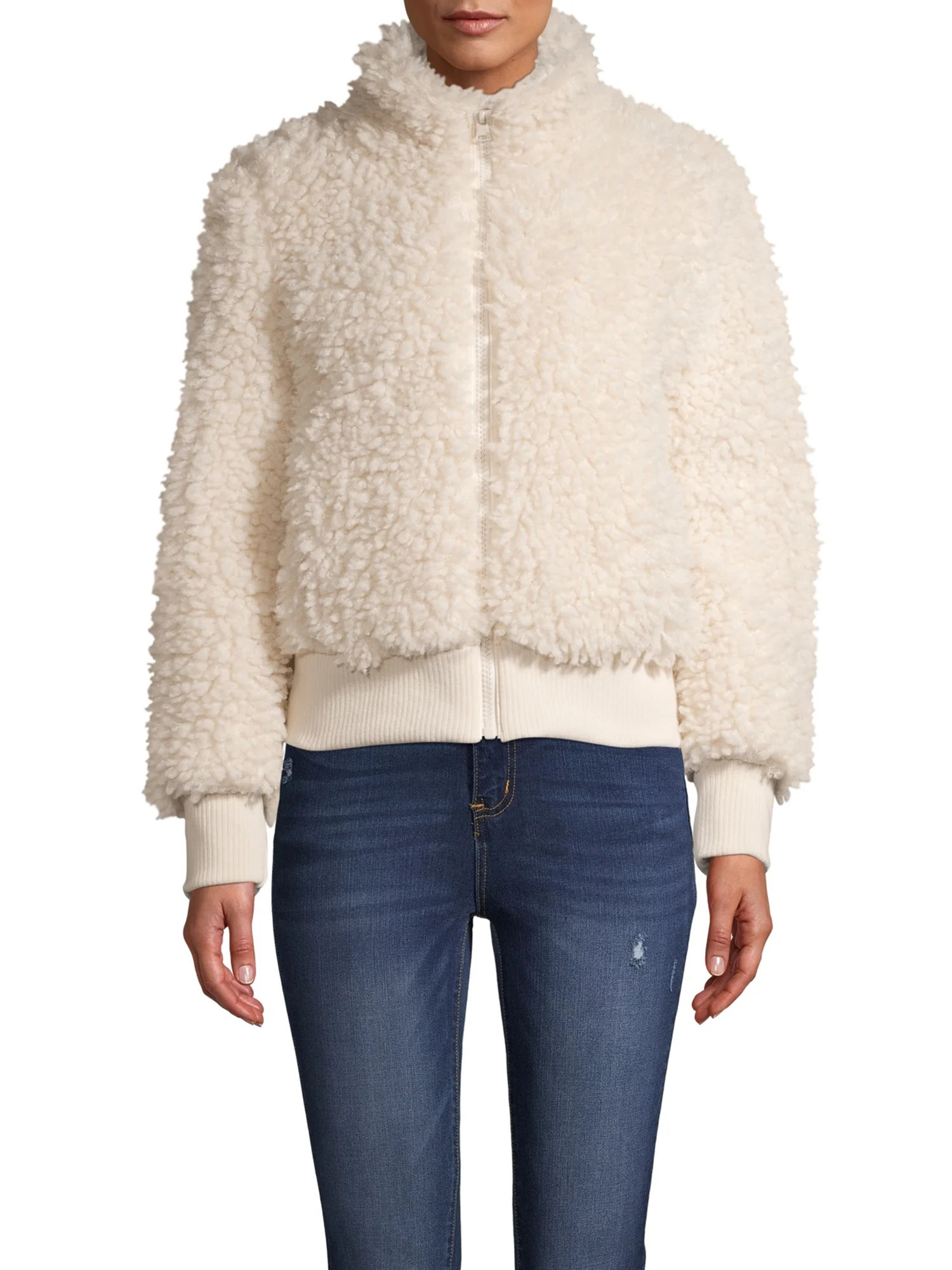 Kendall + Kylie Women’s Faux Sherpa Zip-Front Bomber | Walmart (US)