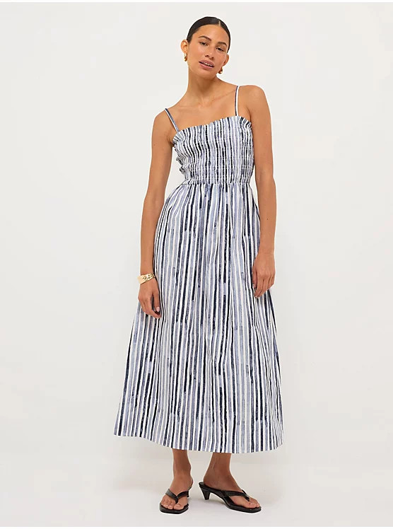 Navy Striped Shirred Poplin Midi Dress | George