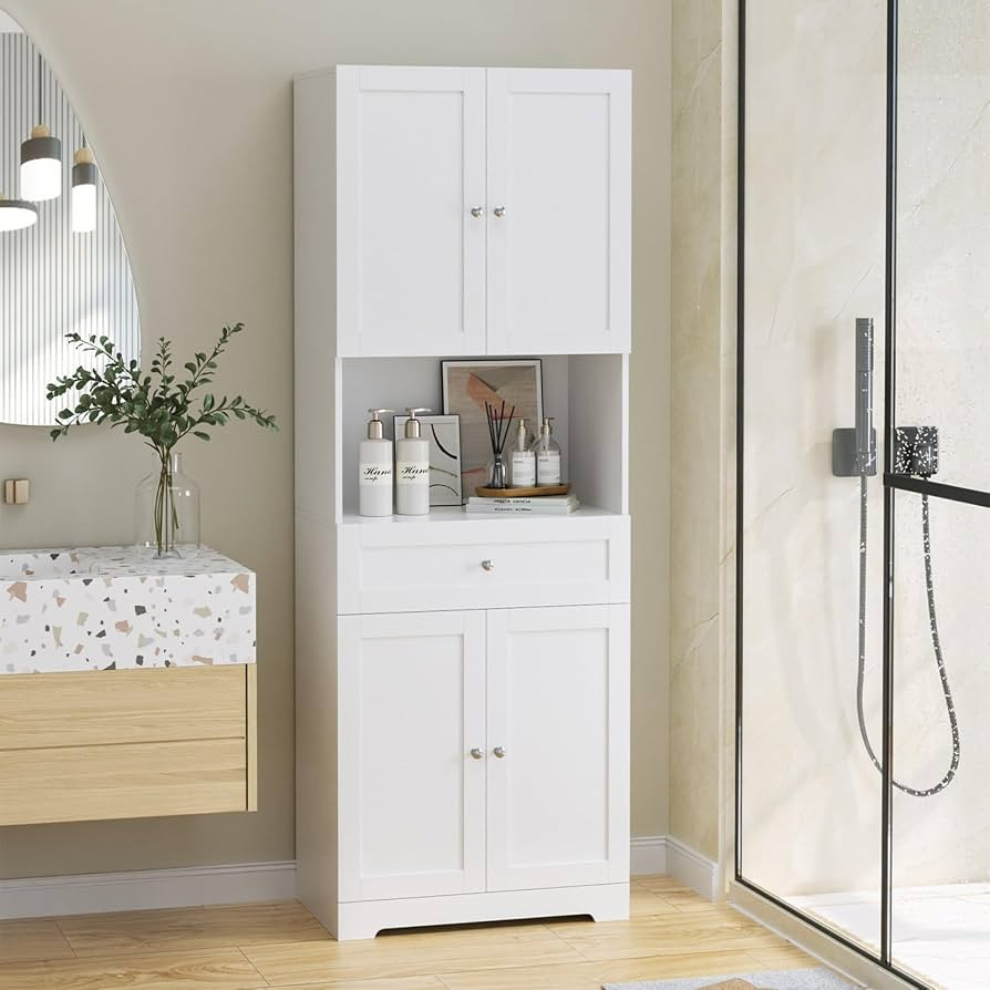 HIFIT Tall Bathroom Storage Cabinets, Modern Linen Storage Cabinet with 4 Doors & Shelves & Drawe... | Amazon (US)