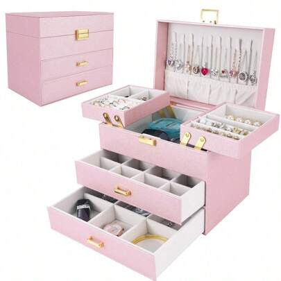 Jewelry Boxes For Women Girls, Jewelry Storage Organizer, 4 Layers Large Jewelry Organizer Box With 2 Drawers For Friends, Wife Or Mother Gift (Pink) | SHEIN