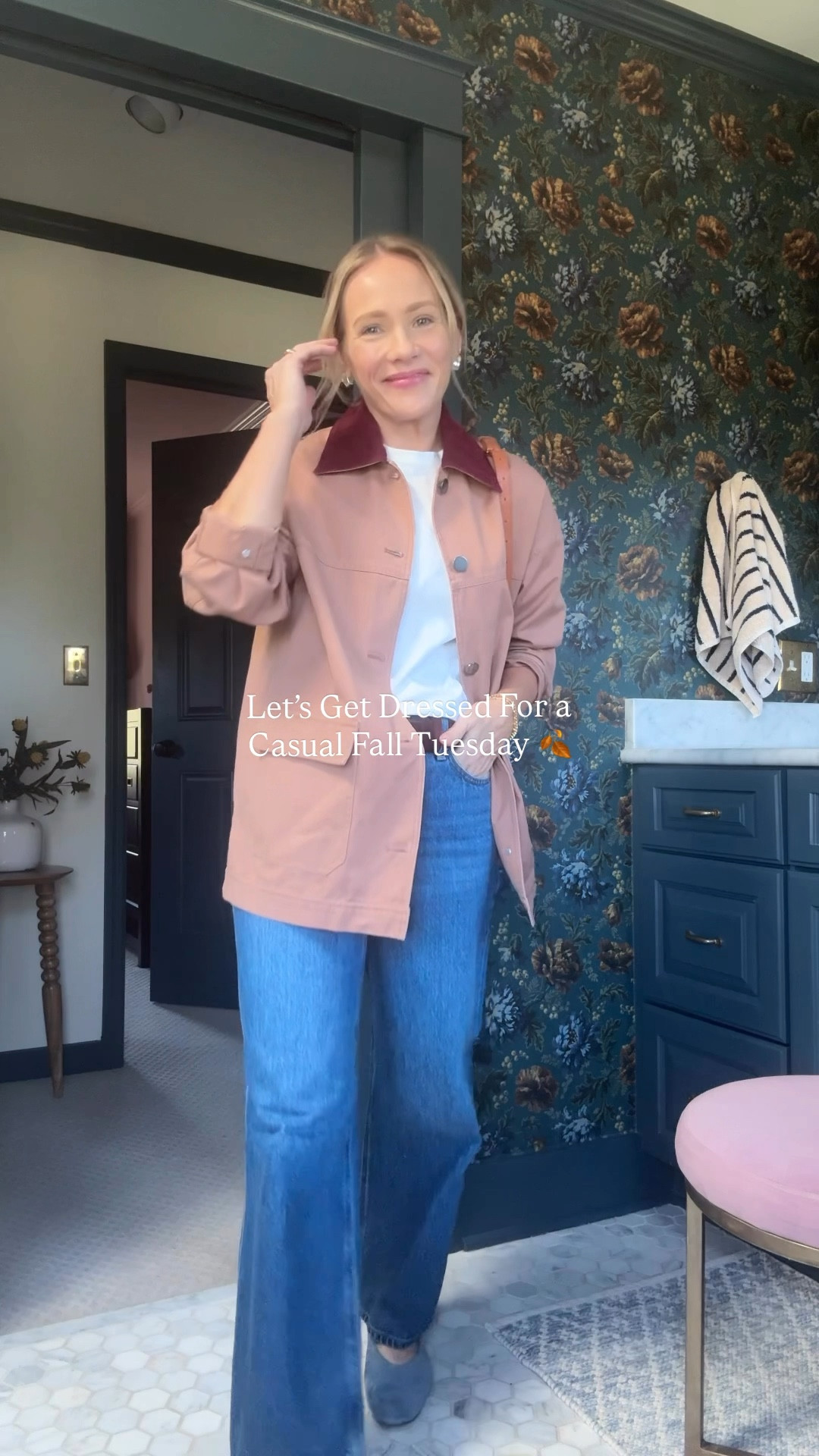 Wearing my regular size small in ShopBop barn jacket (more colors, now on sale!) & Madewell perfect white tee ~ J.Crew Factory jeans are so good and well under $100 (I'm 5'3")  ~ J.Crew belt is amazing, wearing warmed walnut ~ Loving light blue flats to pair with Fall's rich colors ~ Everyday Dorsey & Bauble Bar bracelet stack ~ Clare V Grande Fanny Bag use code CLAREV101 ~ xo, Claire

#LTKFindsUnder100 #LTKSeasonal #LTKOver40