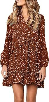 MITILLY Women's V Neck Ruffle Polka Dot Pocket Loose Swing Casual Short T-Shirt Dress | Amazon (US)
