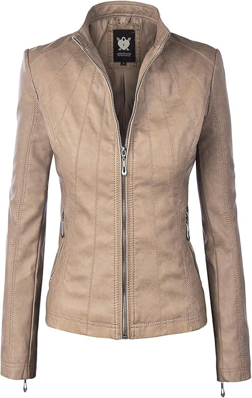 LL WJC877 Womens Panelled Faux Leather Moto Jacket XS KHAKI at Amazon Women's Coats Shop | Amazon (US)