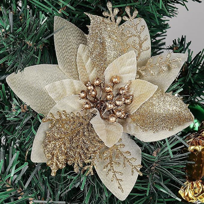 RECUTMS Christmas Tree Ornaments 10Pcs Glitter Poinsettia,Artificial Poinsettia Flowers Xmas Tree... | Amazon (US)