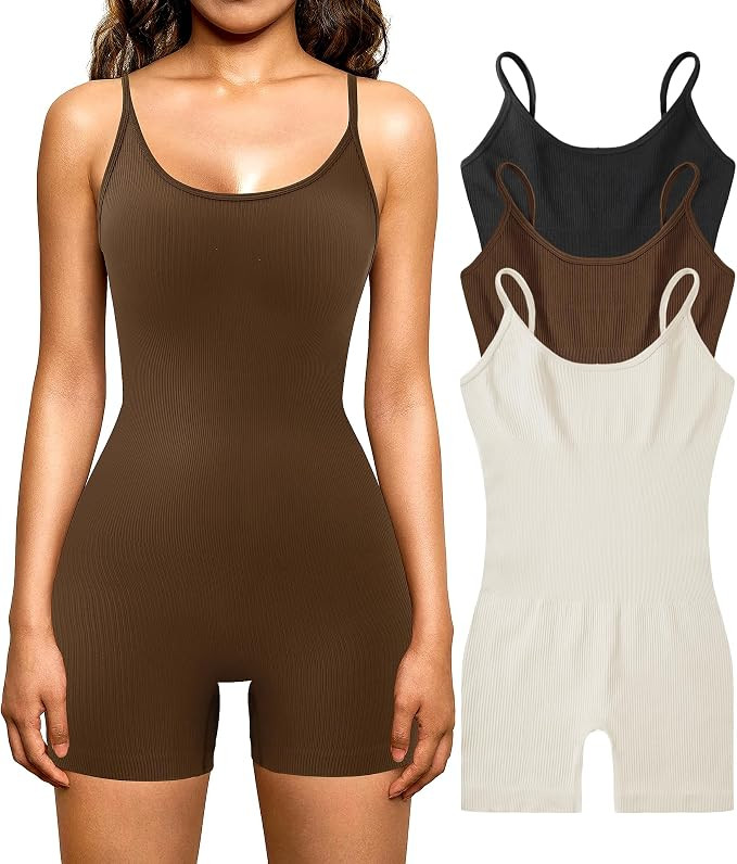 VINGOSTAR 3pcs Women’s Bodysuit Yoga Workout Romper One Piece Outfits Ribbed Sleeveless Going O... | Amazon (US)