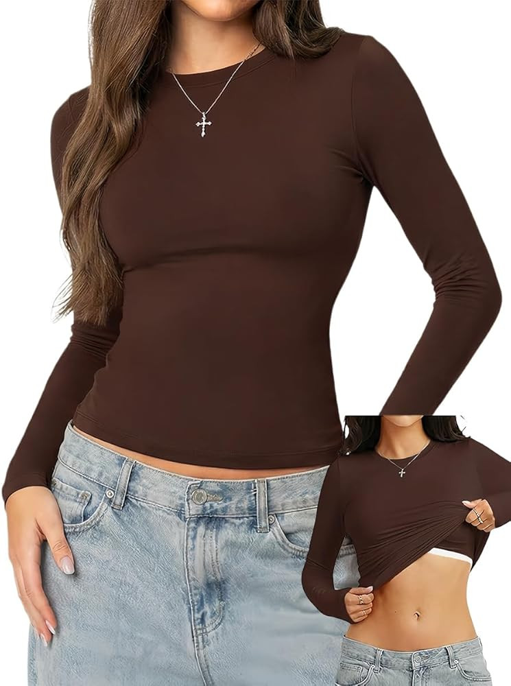 Danysu Double Lined High Round Neck Long Sleeve Tops for Women with Built in Bra Nylon Basic Crop... | Amazon (US)