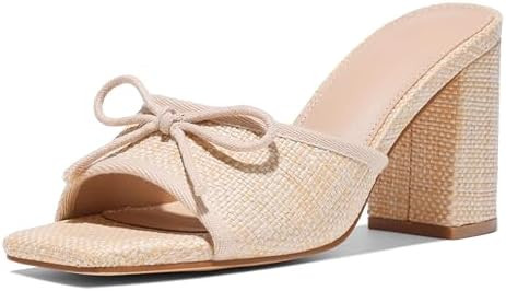Erocalli Chunky Heels for Women Block Mules Sandals Square Open Toe - Bow, Summer, Raffia, Slip O... | Amazon (US)