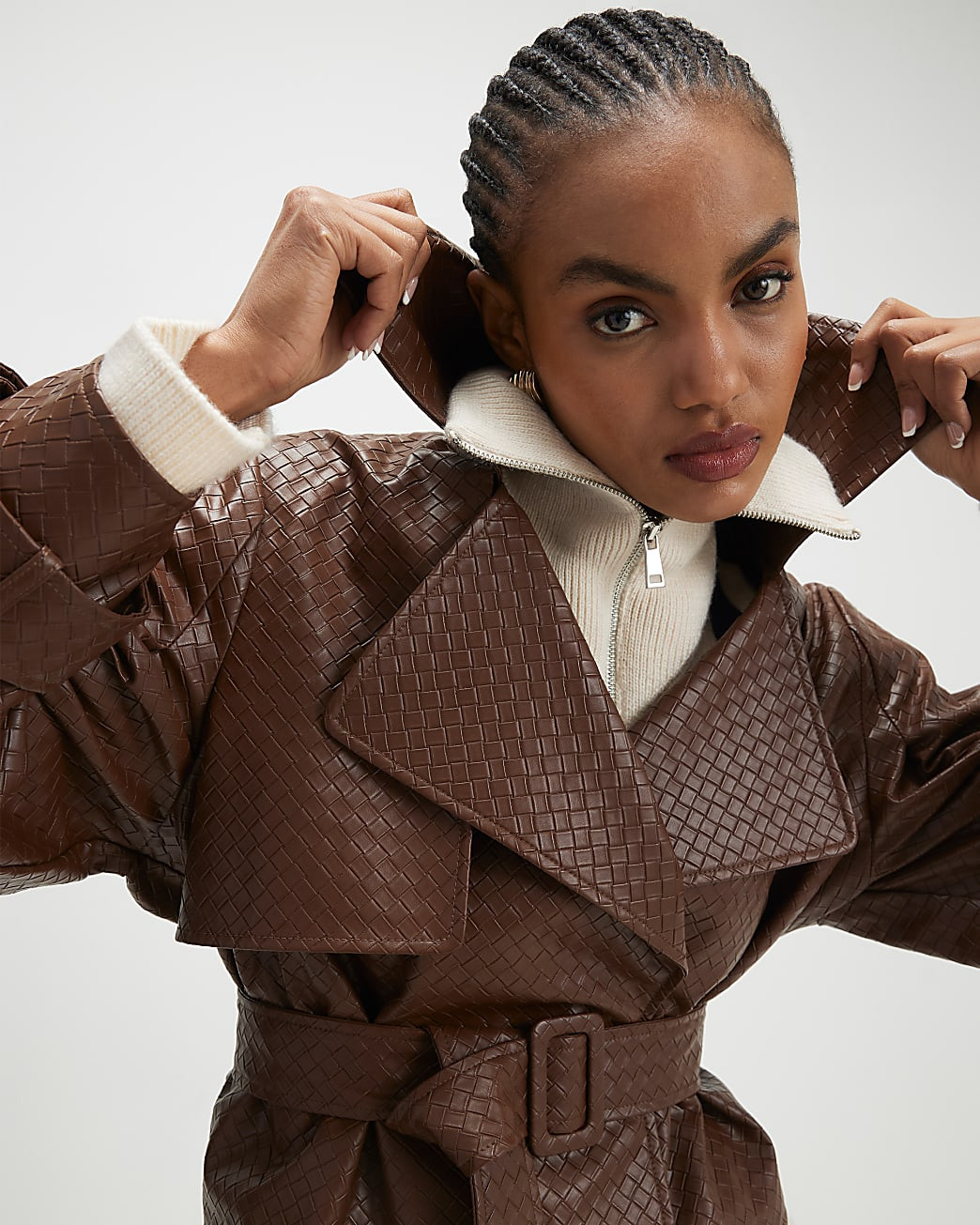 Brown Faux Leather Woven Trench jacket | River Island UK & IE