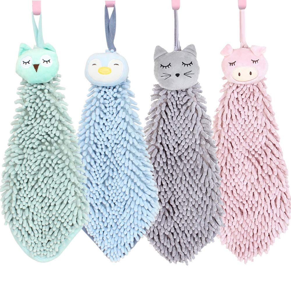 4 Pack Cute Chenille Soft Hanging Hand Towels Funny Owl Penguin Absorbent Thick Kitchen＆Bathroom Tow | Amazon (US)