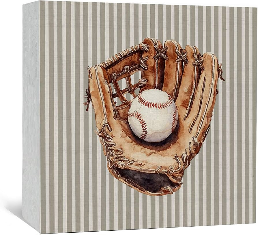 Baseball Nursery Decor Signs, Sports Room Decor, Baseball Gloves Sports Neutral Striped Wooden Box Sign for Kids Boy Nursery Room Bedroom Playroom Desk Table Shelf 5x5 Inch | Amazon (US)