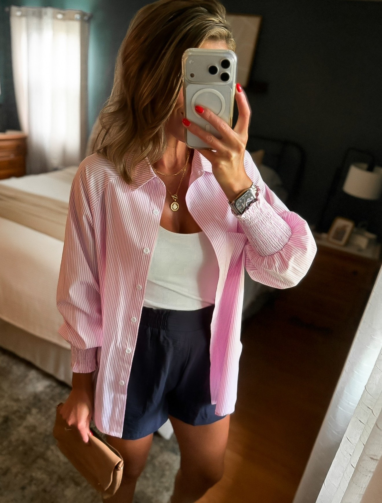 I’m not usually a big pink person but loving this pink striped button down. 
Top/ medium 
Shorts/ medium

#LTKSeasonal #LTKOver40 #LTKmomlife