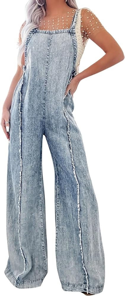 CHARTOU Women Loose Fit Denim Jumpsuit Adjustable Straps Wide Leg Long Pants Frayed Jean Overalls | Amazon (US)