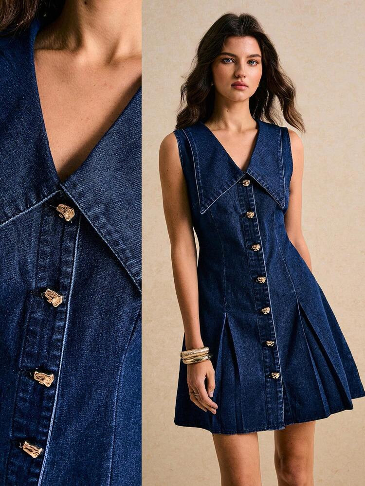 Poéselle Women's Casual Front Button Pleated Sleeveless Denim Dress, Summer Women Denim Dress Button Up Denim Dress Pleated Denim Dress Women Denim Dress Button Up Dress Chambray Dress Collared Denim Dress Fitted Denim Dress Women S Denim Dresses Curvy Denim Dress Denim Mini Dress Party Women Dresses | SHEIN