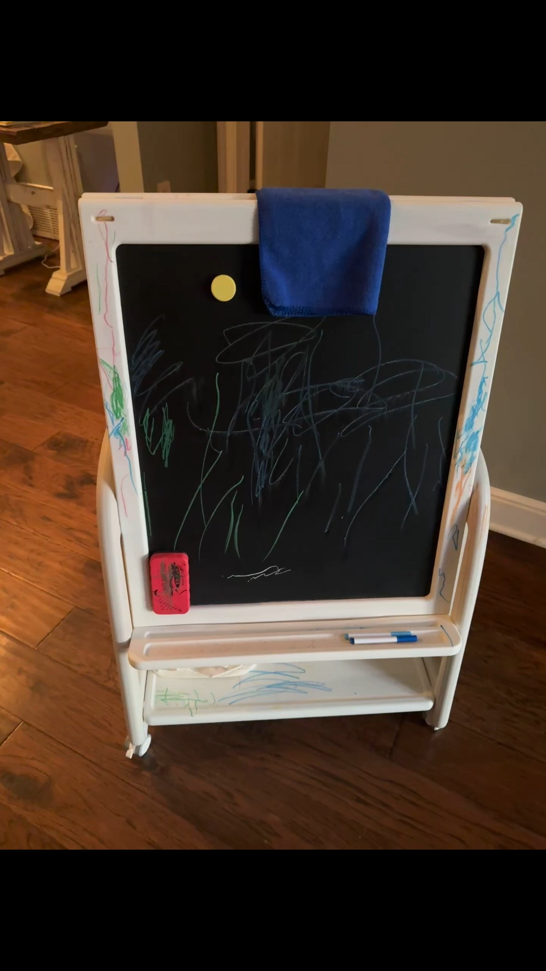By far a favorite that my daughter got for Christmas. 
Double sided—one side chalk board, one side dry erase board. Comes with rolled paper for markers, crayons, paint, etc. Has wax chalk (so not messy!!), dry erase markers, eraser for chalk board and dry erase side, both sides magnetic and has a spot for storage with two bins!!

#LTKBaby #LTKFindsUnder100 #LTKKids