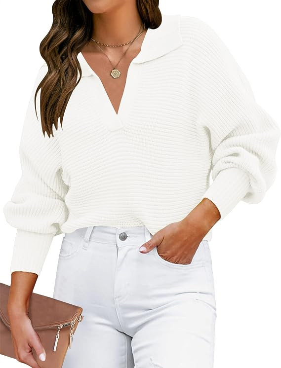 ZESICA Women's 2023 Fall Lapel Collar V Neck Long Sleeve Ribbed Knit Comfy Loose Casual Pullover ... | Amazon (US)