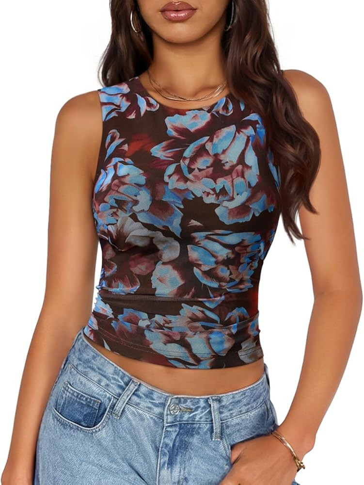 ZESICA Women's 2026 Summer Sleeveless Floral Tank Tops Mesh Y2K Crop Going Out Outfits Beach Vaca... | Amazon (US)