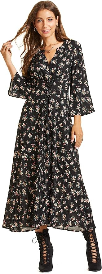 SONJA BETRO Amazon Brand Women's Floral Printed Woven Lacing Detail Midi Dress Plus Size | Amazon (US)