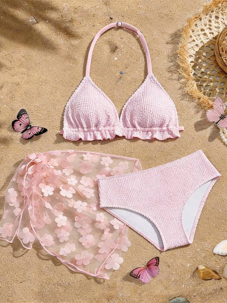 SHEIN Tween Girls Bikini Sets,Girls' Summer Sleeveless Sweet Ruffled Fabric Bikini Swimsuit Set With Ruffle Details, Summer Beach Halter Bikini Set Paired With A Three-Dimensional Floral Mesh Skirt, Suitable For Summer Vacations, Holidays, And Summer Beach Getaways. Summer Vacation Thermal Christmas Holiday Festival New Years Valentines Swim 3 Piece Bathing Suit Teen Girl Pink Flower Bikini Tween Swimsuit 3 Piece Set Pink Swimsuit 3 Piece Set Pink Bikini 3 Piece Set Flower Summer Set Flower Summer Gir Bikini With Flower Cover Up Girls Beach Sets Tween Bathing Suits 3 Piece Set Tweens Bathing Suits 3 Piece Set Flower Swim Skirt Flower Embellished Swimwear | SHEIN