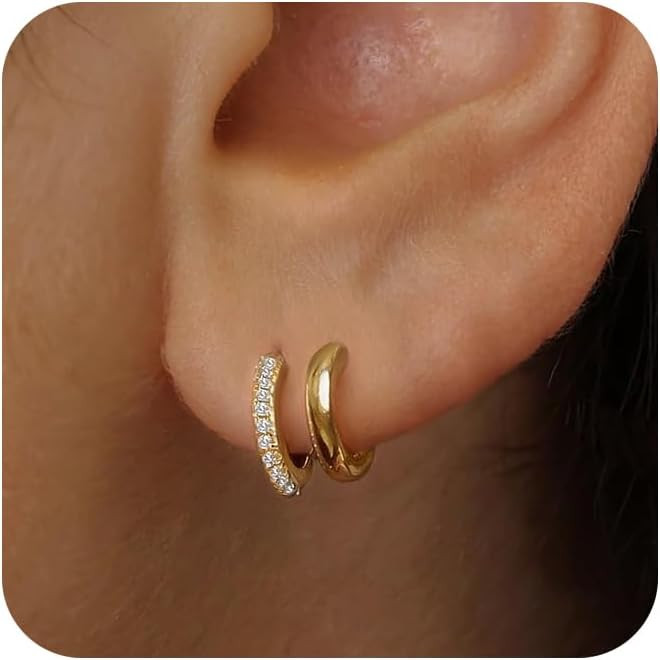 Risamil Gold Earrings for Women Trendy, 14K Gold Plated CZ Hoop Earrings Simple Minimalist Stud E... | Amazon (US)