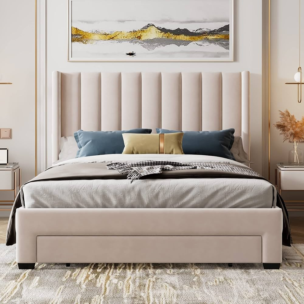 Queen Storage Drawer, Velvet Upholstered Platform Bed Frame with Classic Wingback Headboard, Soli... | Amazon (US)