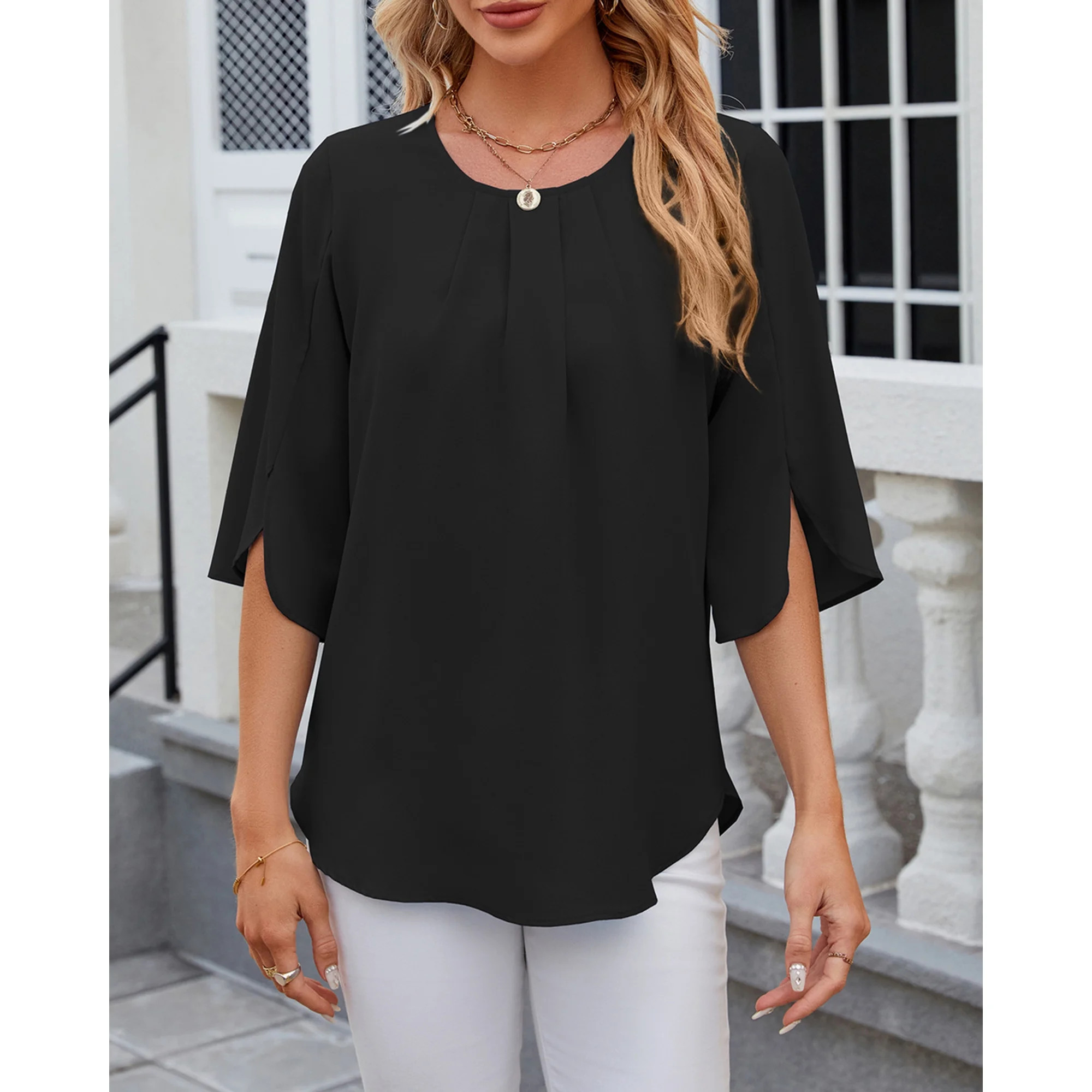 TEMOFON Womens Blouses Summer Casual Tops Dressy T Shirts Pleated Scoop Neck 3/4 Sleeve Office Wo... | Walmart (US)