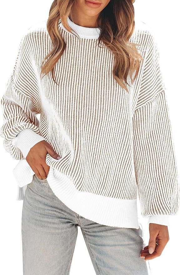 Womens Sweaters Fall 2024 Clothes Oversized Long Sleeve Colorblock Striped Knit Pullover Tops Cas... | Amazon (US)