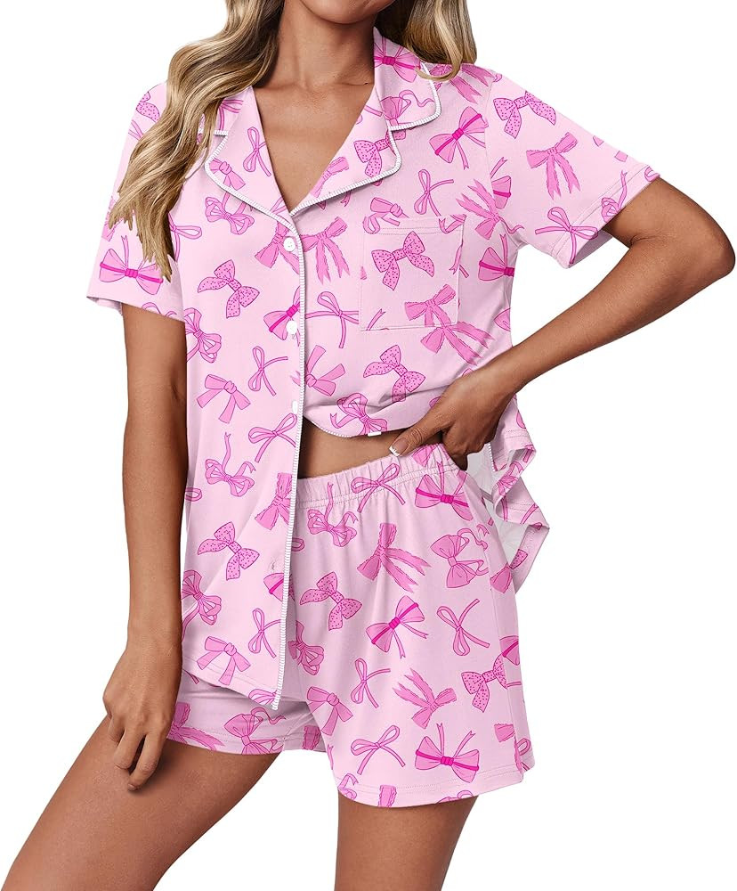 Ekouaer Pajamas Set for Women 2 Piece Pjs Short Sleeve Sleepwear Button Down Lounge Shorts Sets S... | Amazon (US)