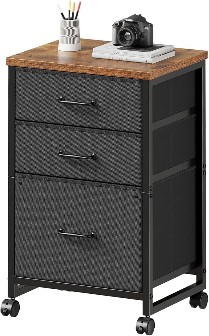 Maihail 3 Drawer File Cabinet with Wheels with Open Storage Shelf, Rustic Brown | Amazon (US)