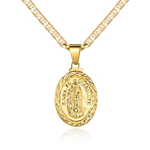 Barzel 18K Gold Plated Flat Mariner/Marina Chain Necklace With Virgin Mary Guadalupe Charm Pendant 3MM (24) | Amazon (US)