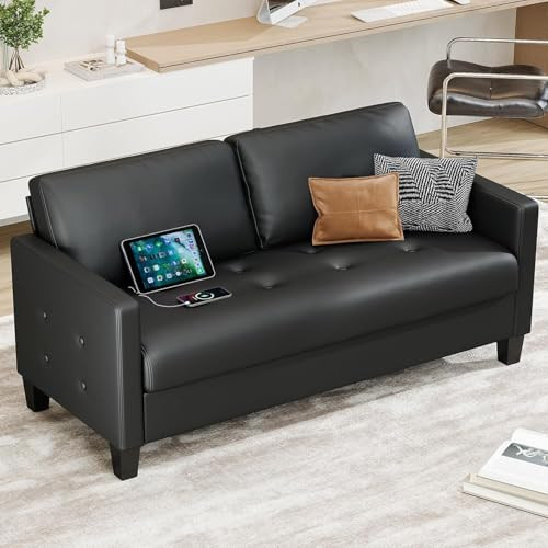 STHOUYN 59” Black Faux Leather Sofa Couch, Modern Comfy Office 2 Seater Couch Loveseat with USB & Tufted Armrest, Small Love Seat Couches for Living Room, Bedroom, Apartment | Amazon (US)