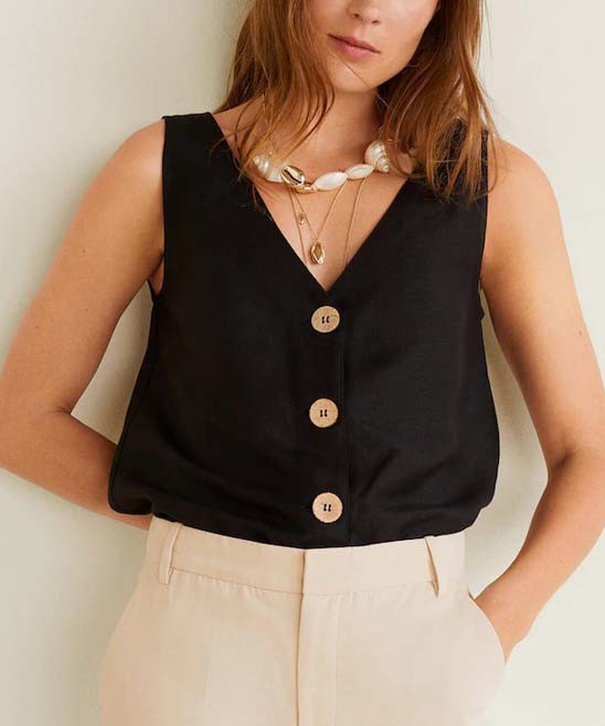 MANGO Women's Tank Tops BLACK - Black Fresh Button-Front V-Neck Tank - Women | Zulily
