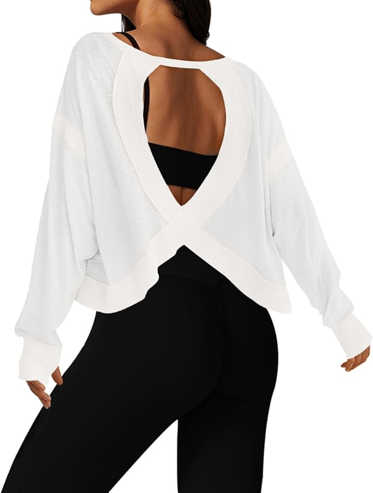 UNIANKIYA Open Back Workout Tops for Women Long Sleeve Cropped Athletic Clothes Gym Running Yoga ... | Amazon (US)