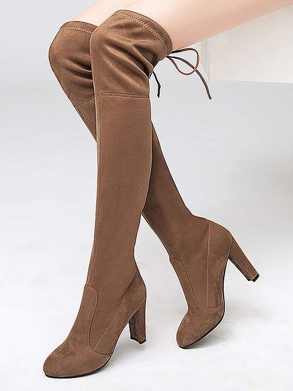 Women Stretch Boots Thigh High Boots Light Tan Round Toe High Heel Over Knee Boots | Milanoo