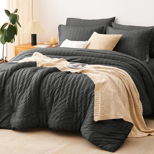 CozyLux Twin XL Comforter Set with Sheets Seersucker Dark Grey 5 Pieces Bed in a Bag, Twin Extra Long Luxury Bedding Sets for College Dorm with Down Alternative Comforter, Sheets, Pillowcases & Shams | Amazon (US)