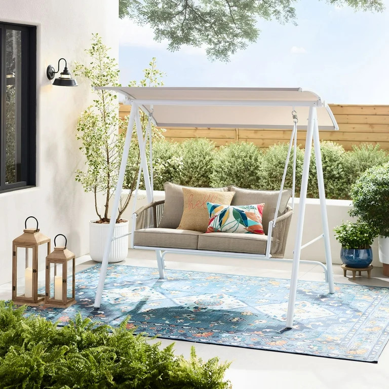 Mainstays Lawson Ridge 2-Seat Steel Outdoor Freestanding Porch Swing with Canopy and Cushions, Ta... | Walmart (US)