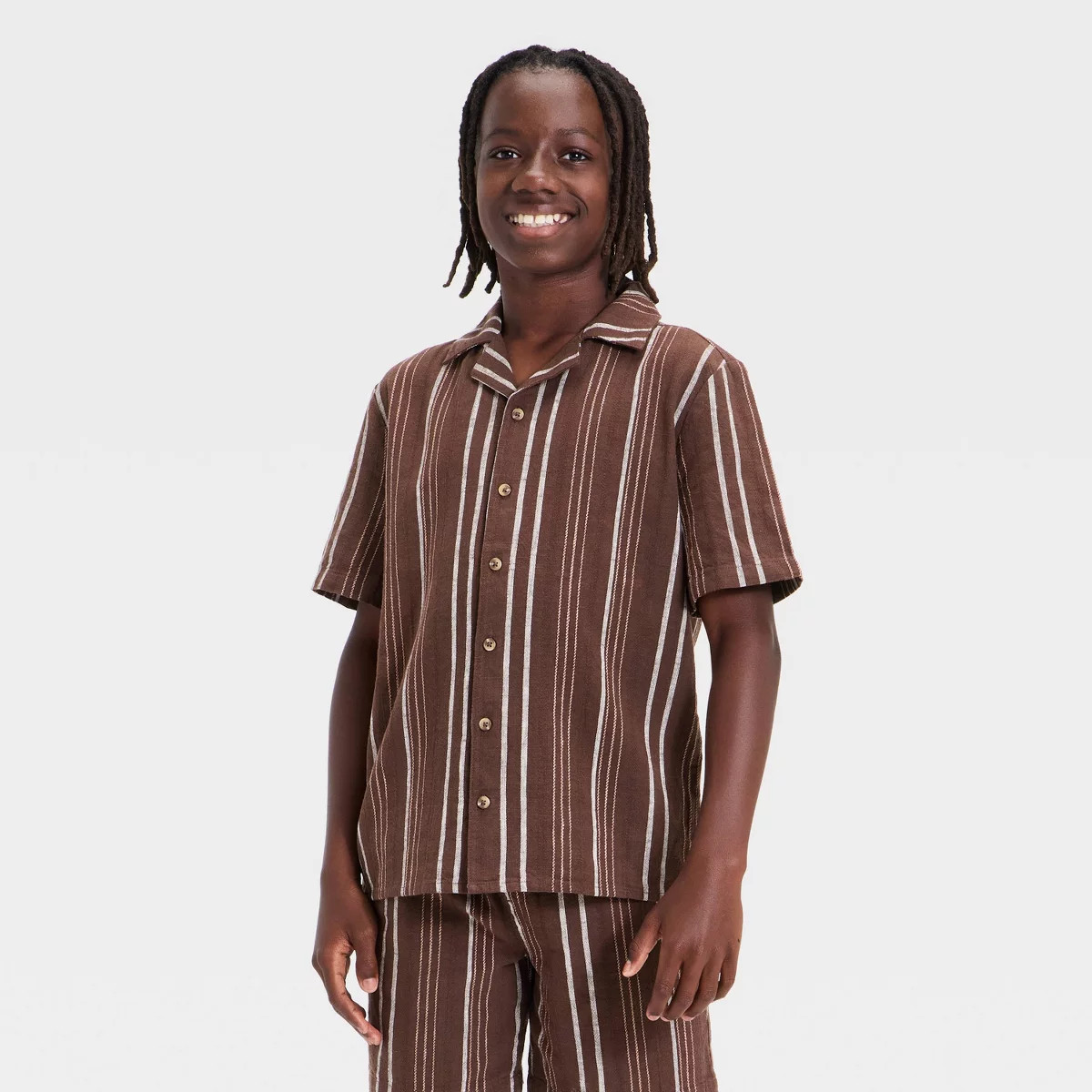 Boys' Short Sleeve Striped Woven Button-Up Shirt - art class™ Brown S | Target