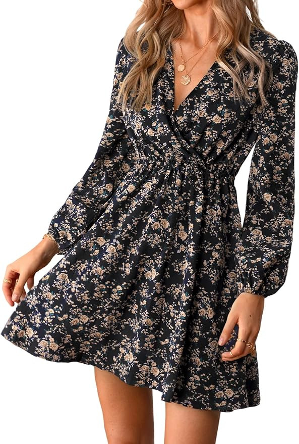 CUPSHE Womens V Neck Floral Mini Dress Long Sleeve A Line Surplice | Amazon (US)