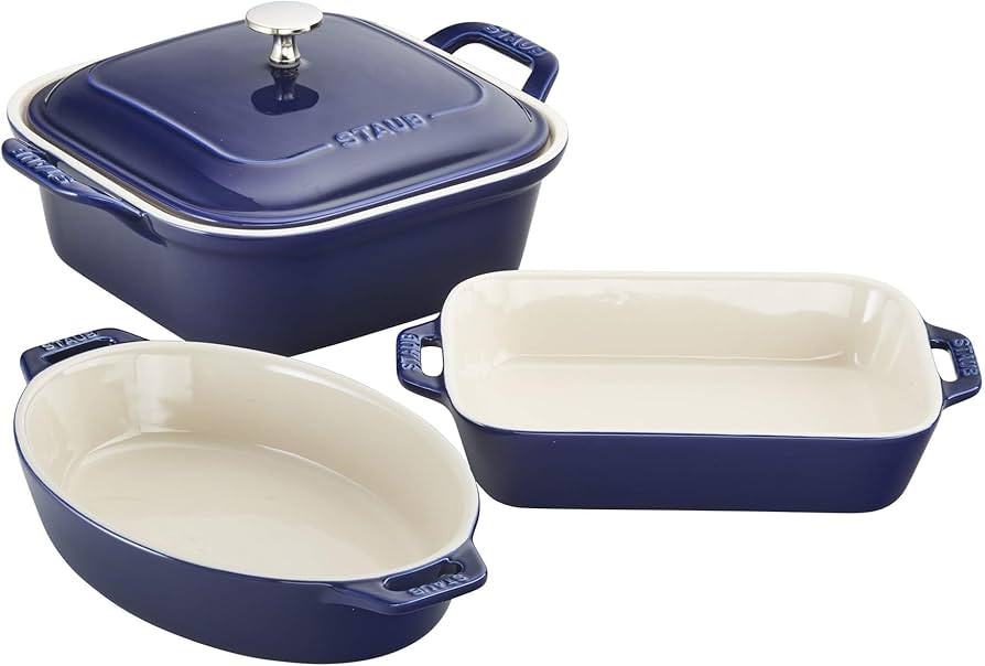 Staub Ceramics 4-pc Baking Pans Set, Casserole Dish with Lid, Brownie Pan, Dark Blue | Amazon (US)